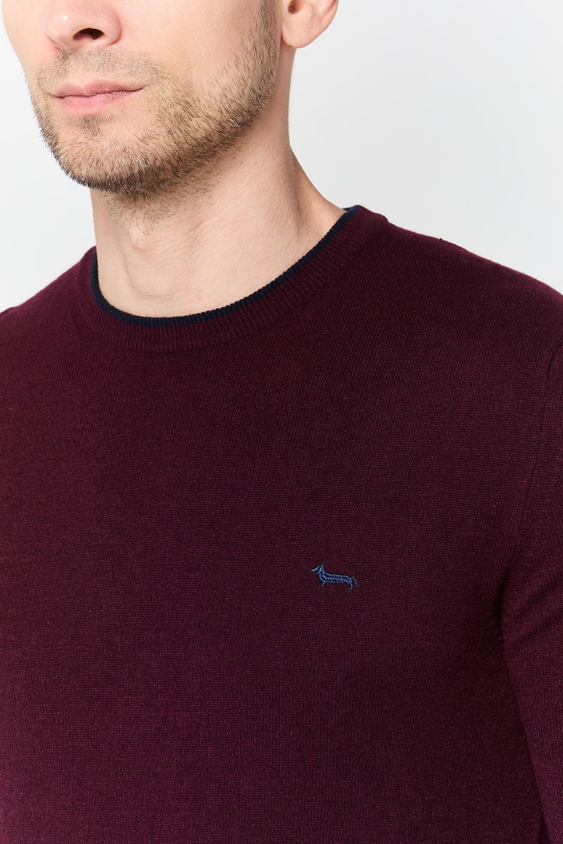 Harmont & Blaine Men Crew Neck Embroidered Logo Long Sleeve Sweater, Maroon - Image 3